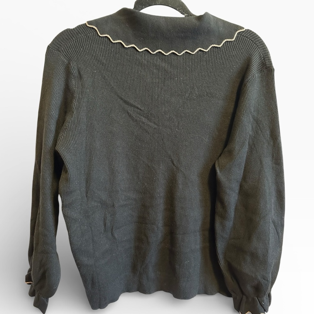 Ott Elegant Black V-Neck Sweater with Embroidered Edging NWT - Picture 4 of 4